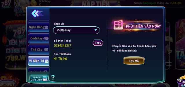 Ví điện tử của 789club hiện tại đang có là ViettelPay